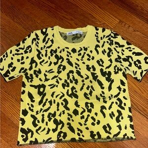 Zara Black and Yellow Animal Print Knit Top